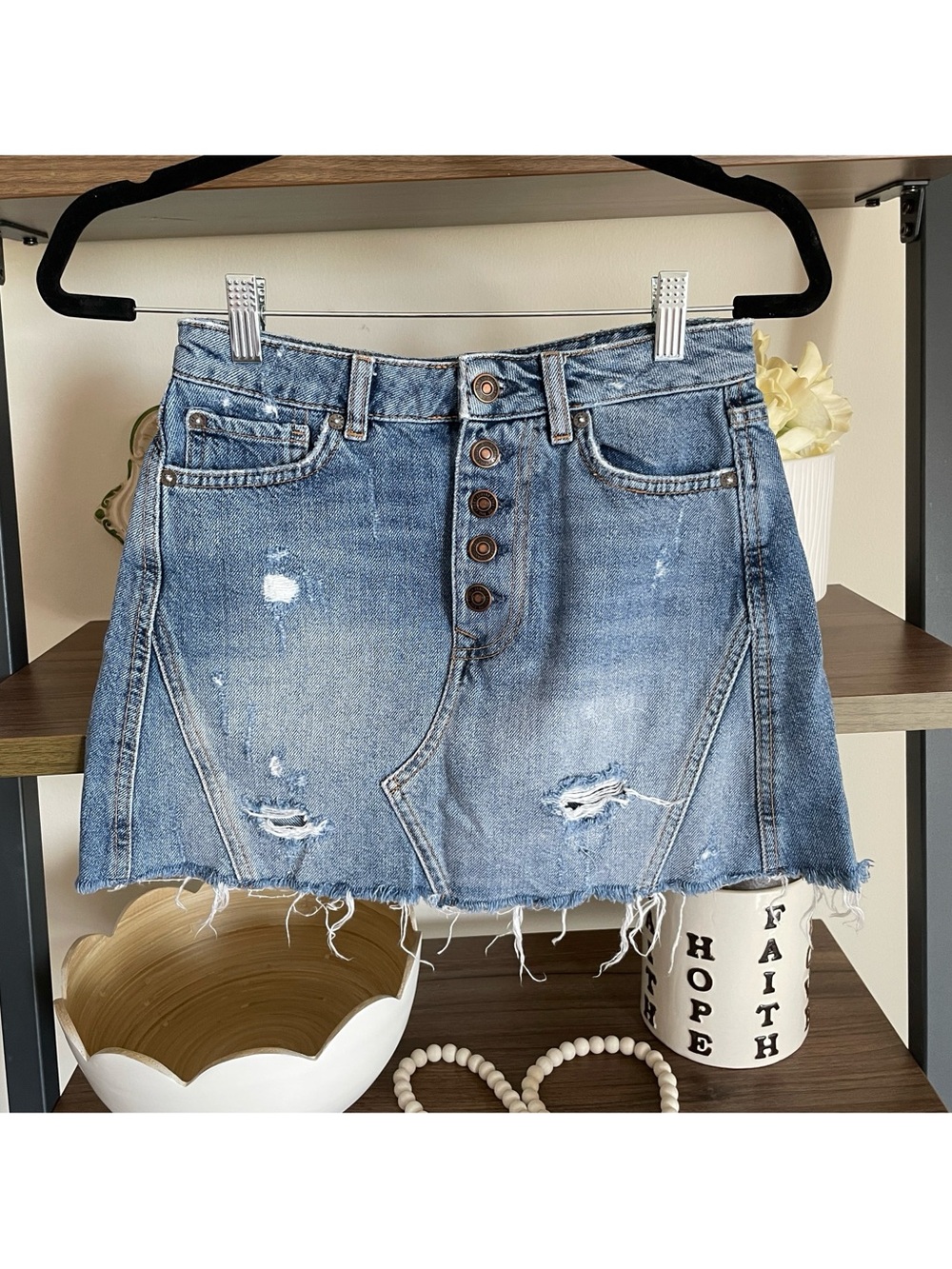 We The Free Distressed Button-Front Denim Mini Skirt, Size 25